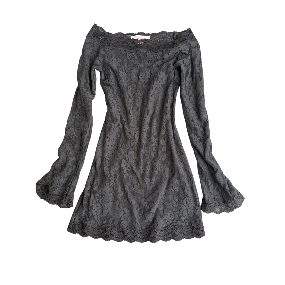 Vintage 90s Victorias Secret Lace Mini Dress XS Black Flare Sleeve Sheer Stretch